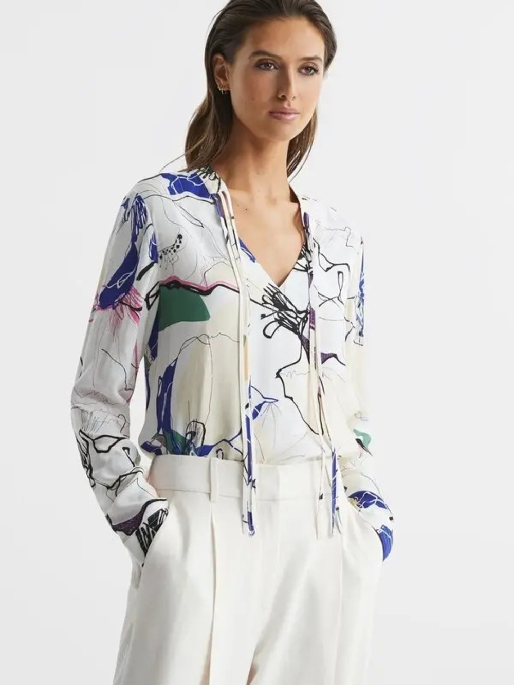 REISS melivory mel v-neck printed blouse